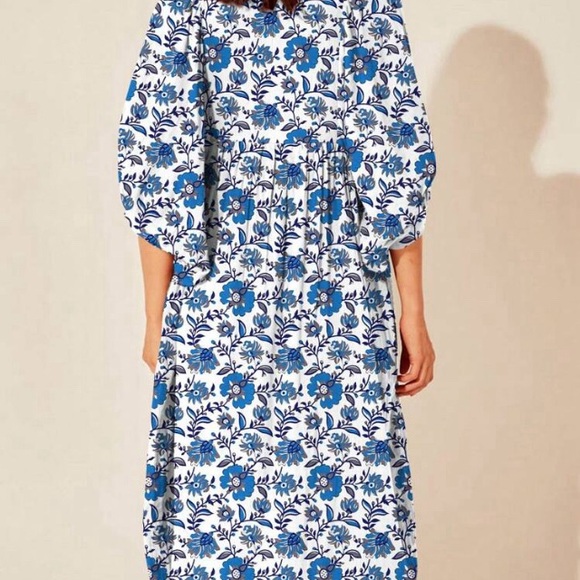 New Boho Aqua  & White Loose Viscose Floral Smock Dress small. The first picture - Picture 6 of 16